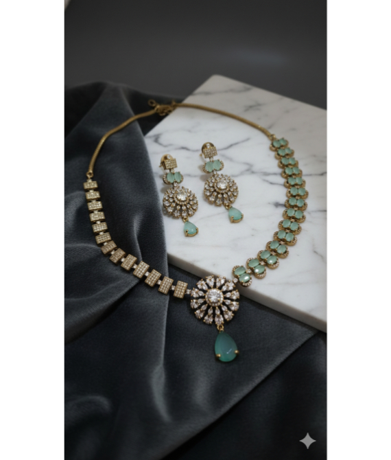 The Mint Royale: Seafoam Green Stone & American Diamond Choker Set